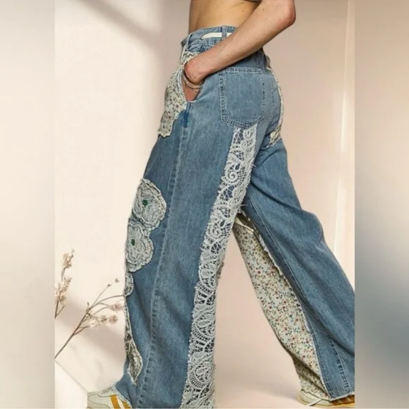 POL Boho Patchwork Denim Pants | Floral Appliqué Wide Leg Drawstring Jeans - Picture 3 of 9